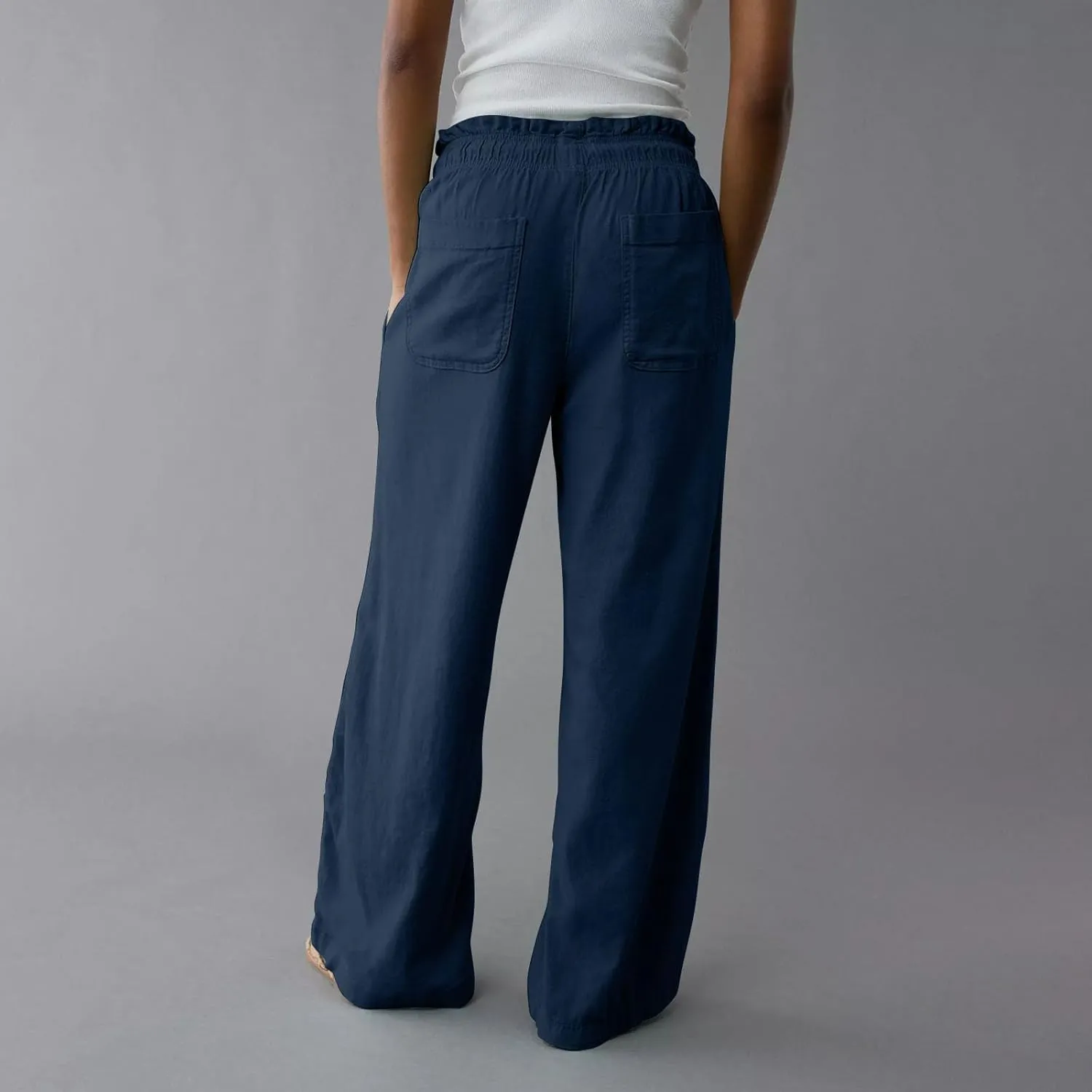 Linen Pants Women Summer Drawstring Elastic Waist Pants Straight Leg Comfy Flowy Cotton Linen Beach Palazzo Trousers
