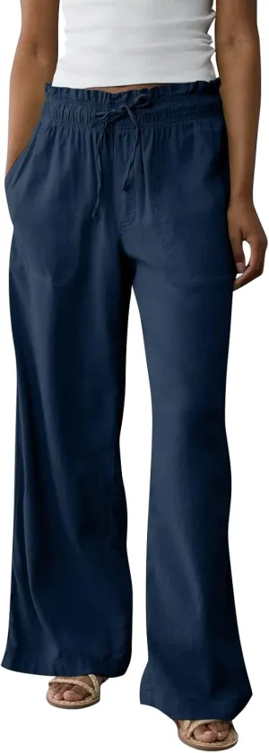 Linen Pants Women Summer Drawstring Elastic Waist Pants Straight Leg Comfy Flowy Cotton Linen Beach Palazzo Trousers