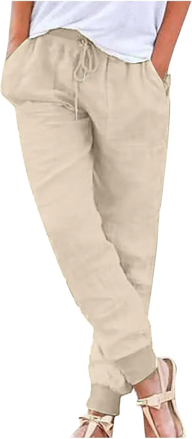 Linen Pants Women Summer Drawstring Elastic Waist Tapered Leg Pants Cotton Linen Jogger Beach Trousers with Pockets