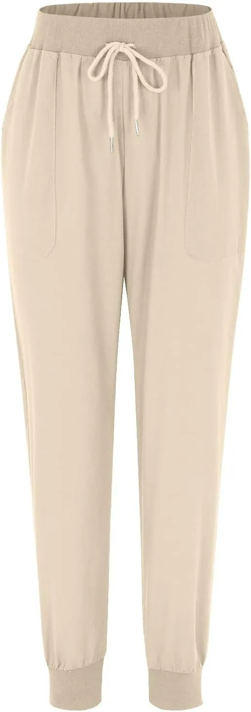 Linen Pants Women Summer Drawstring Elastic Waist Tapered Leg Pants Cotton Linen Jogger Beach Trousers with Pockets
