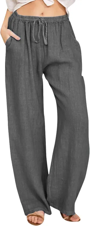 Linen Pants Women Summer,2025 Wide Leg Casual Cotton Linen Pants High Waisted Drawstring Lounge Pants Beach Trousers