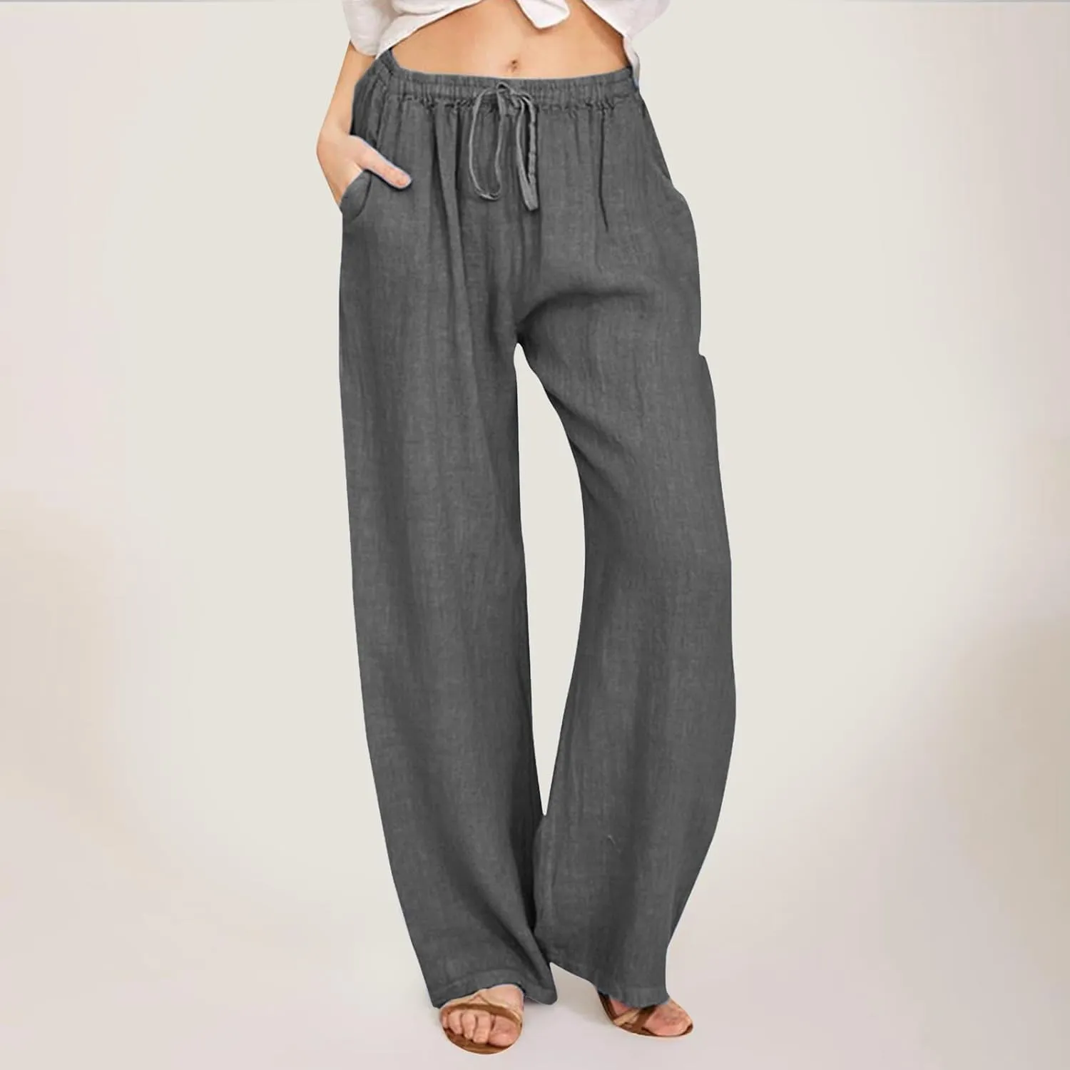 Linen Pants Women Summer,2025 Wide Leg Casual Cotton Linen Pants High Waisted Drawstring Lounge Pants Beach Trousers