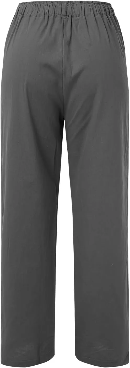 Linen Pants Women Summer,2025 Wide Leg Casual Cotton Linen Pants High Waisted Drawstring Lounge Pants Beach Trousers