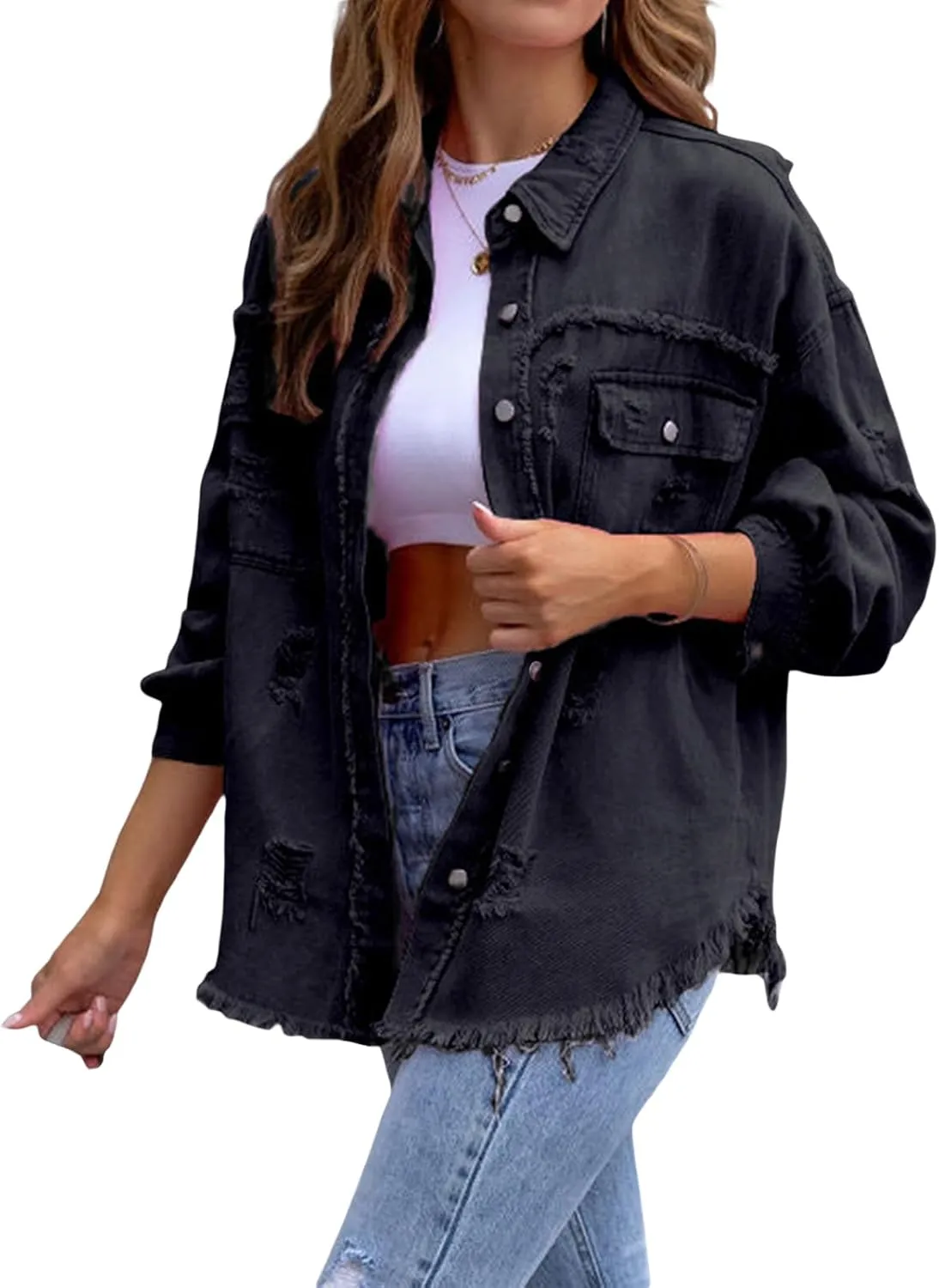 lisenraIn Women Fashion Long Sleeve Jean Jacket Distressed Ripped Denim Jacket Casual Button Down Boyfriend Denim Coat