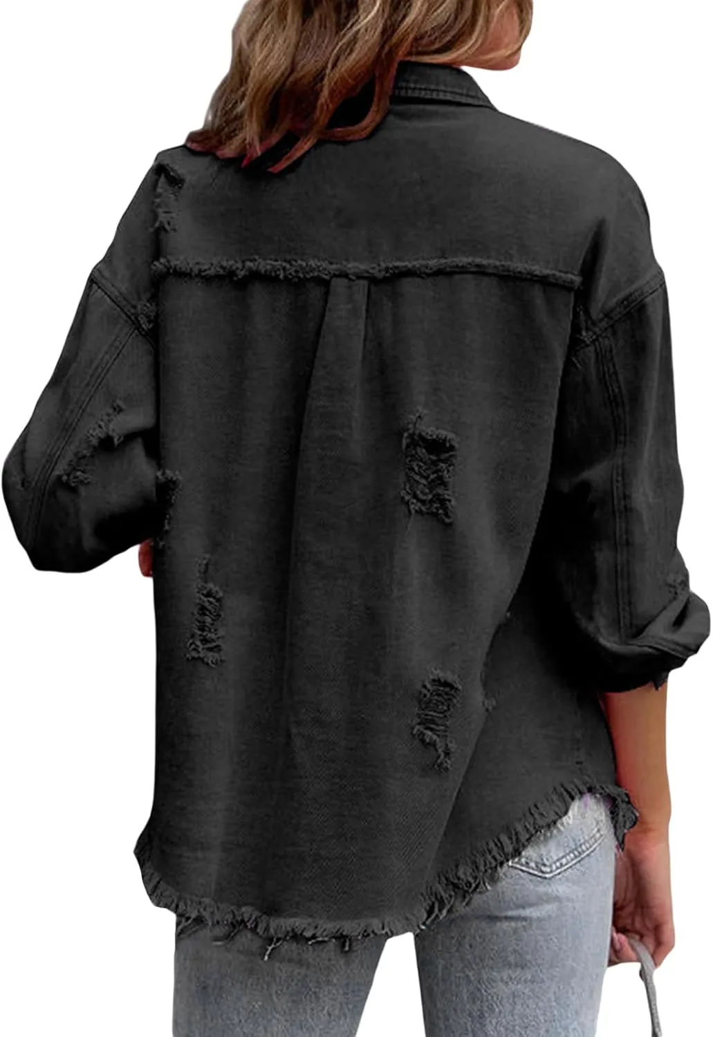 lisenraIn Women Fashion Long Sleeve Jean Jacket Distressed Ripped Denim Jacket Casual Button Down Boyfriend Denim Coat
