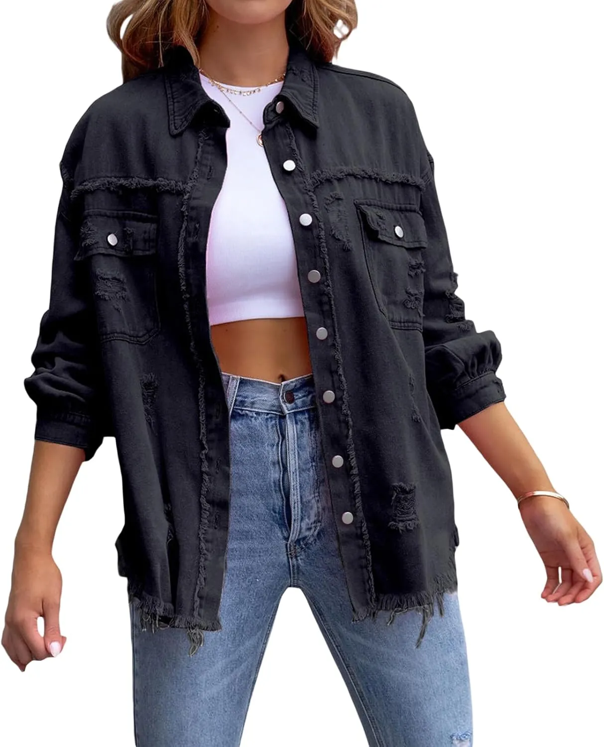 lisenraIn Women Fashion Long Sleeve Jean Jacket Distressed Ripped Denim Jacket Casual Button Down Boyfriend Denim Coat
