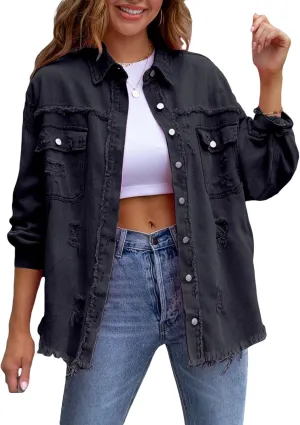 lisenraIn Women Fashion Long Sleeve Jean Jacket Distressed Ripped Denim Jacket Casual Button Down Boyfriend Denim Coat