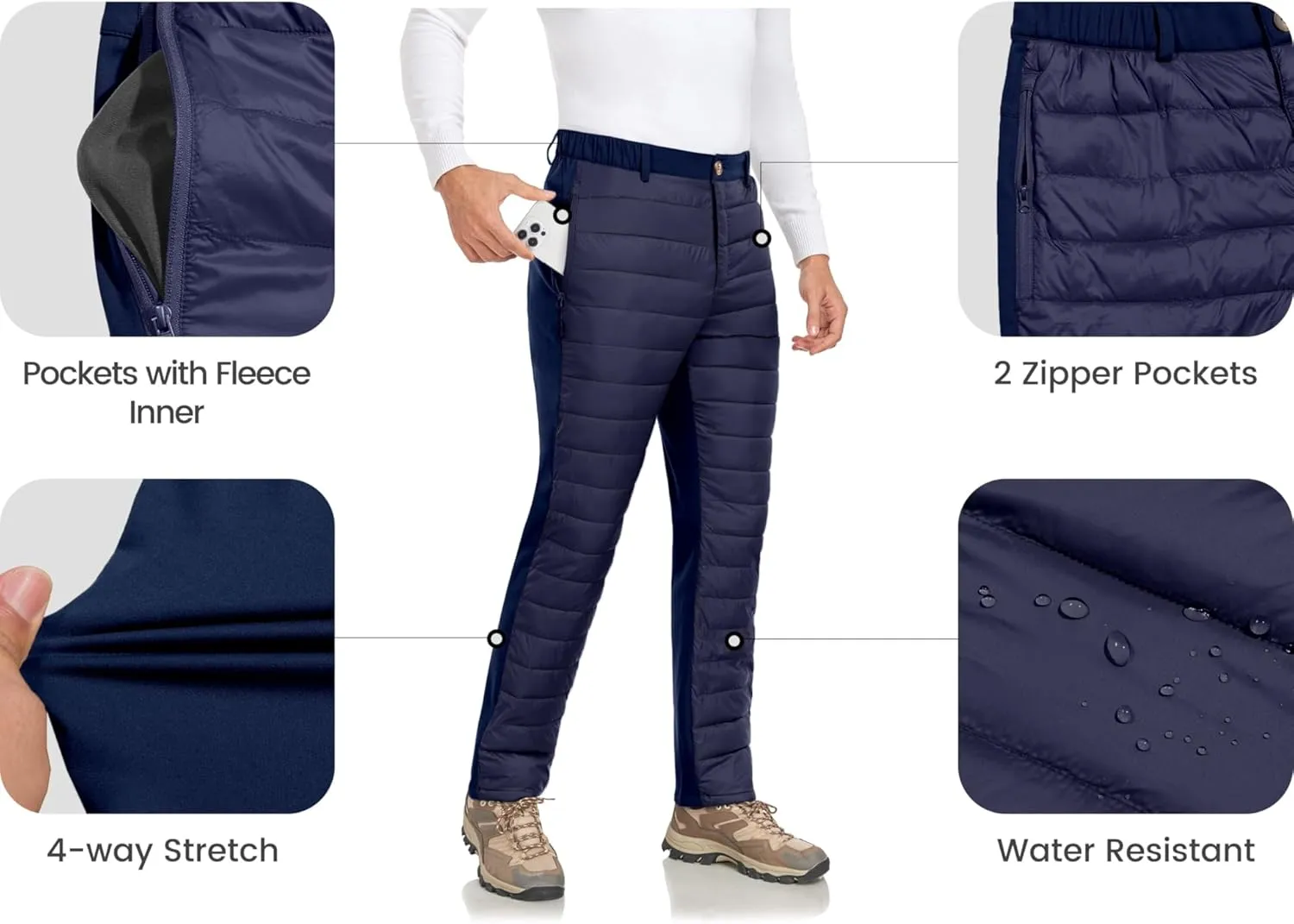 Little Donkey Andy Men's Puffer Pants Warm Fleece Lined Quilted Insulation Snow Ski Pants