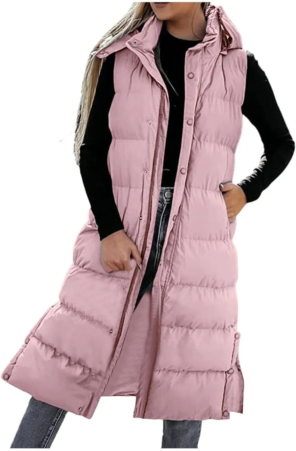 Long Puffer Vest for Women,2023 Winter Warm Puffy Zipper Sleeveless Oversized Fleece Plus Size Down Jacket Coat