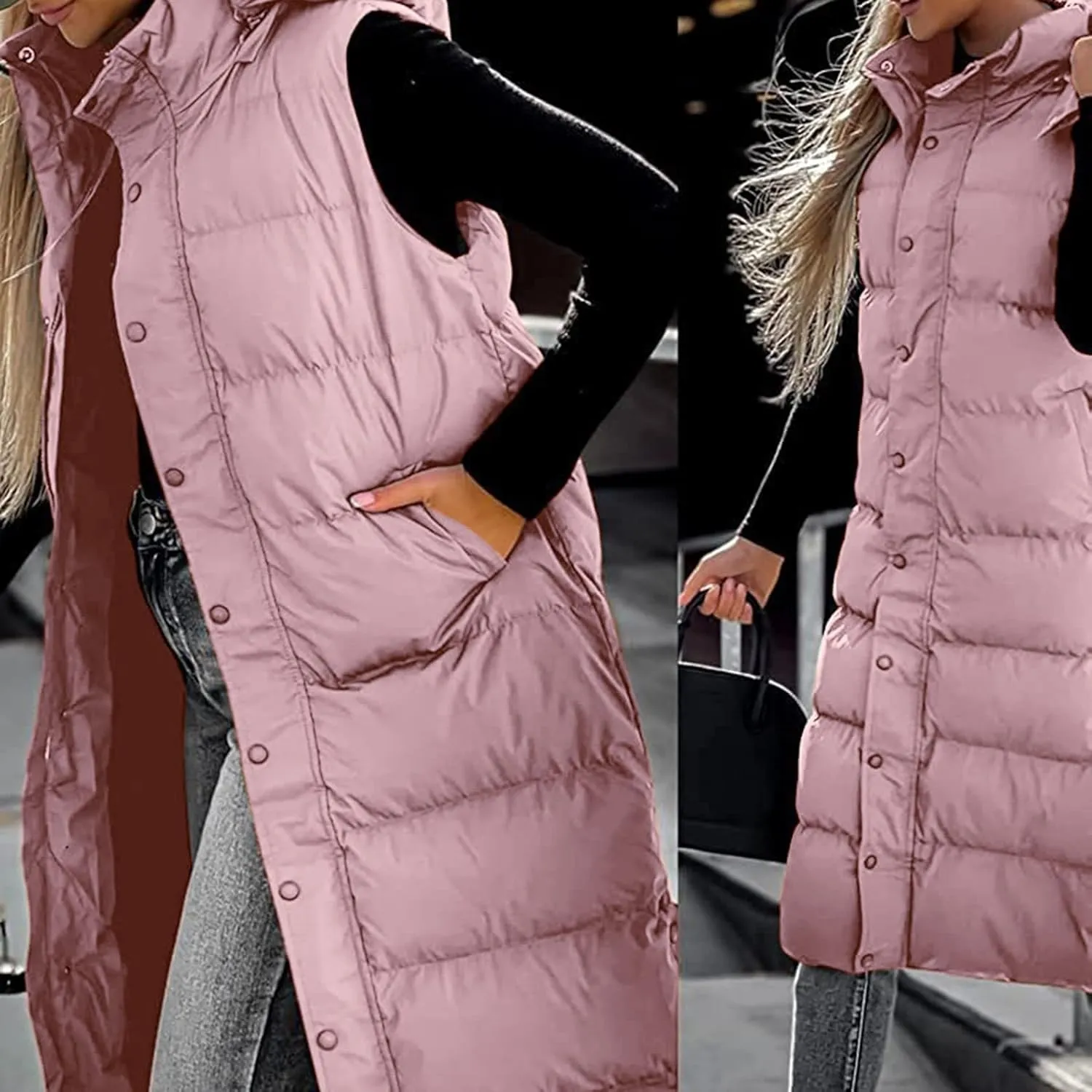 Long Puffer Vest for Women,2023 Winter Warm Puffy Zipper Sleeveless Oversized Fleece Plus Size Down Jacket Coat