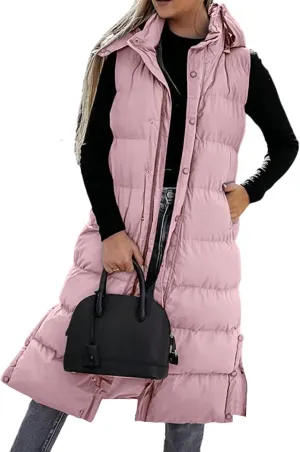 Long Puffer Vest for Women,2023 Winter Warm Puffy Zipper Sleeveless Oversized Fleece Plus Size Down Jacket Coat