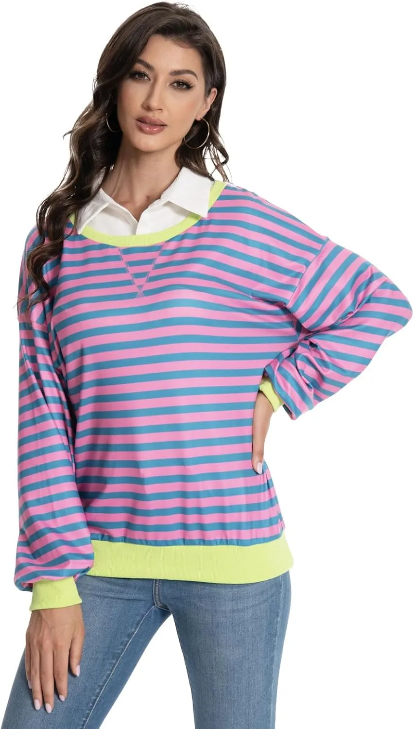 Long Sleeve Striped Shirts for Womens Cute Trendy Fall Crewneck Casual Loose Sweatshirt Color Block T-Shirt