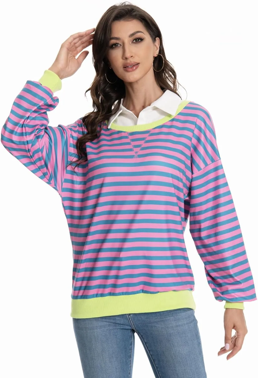Long Sleeve Striped Shirts for Womens Cute Trendy Fall Crewneck Casual Loose Sweatshirt Color Block T-Shirt