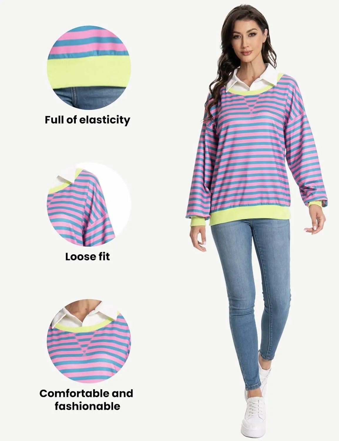 Long Sleeve Striped Shirts for Womens Cute Trendy Fall Crewneck Casual Loose Sweatshirt Color Block T-Shirt
