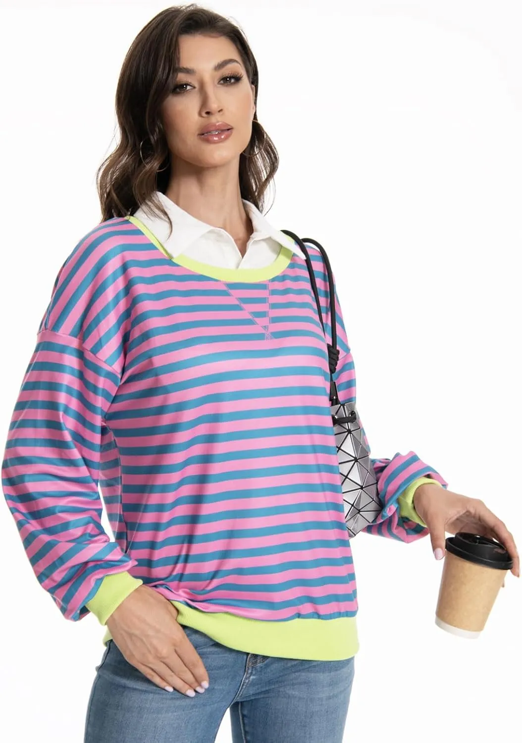 Long Sleeve Striped Shirts for Womens Cute Trendy Fall Crewneck Casual Loose Sweatshirt Color Block T-Shirt
