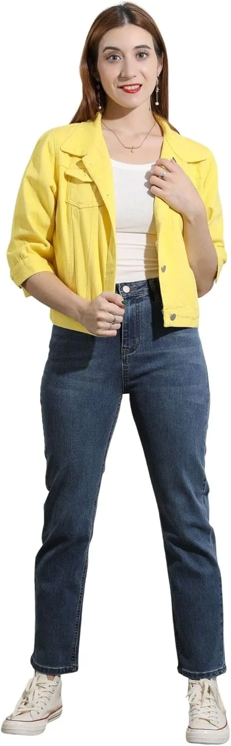 loveimgs Women Casual 3/4 Sleeve Button Down Cropped Denim Jean Jacket Motorcycle Short Jacket
