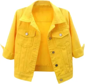 loveimgs Women Casual 3/4 Sleeve Button Down Cropped Denim Jean Jacket Motorcycle Short Jacket