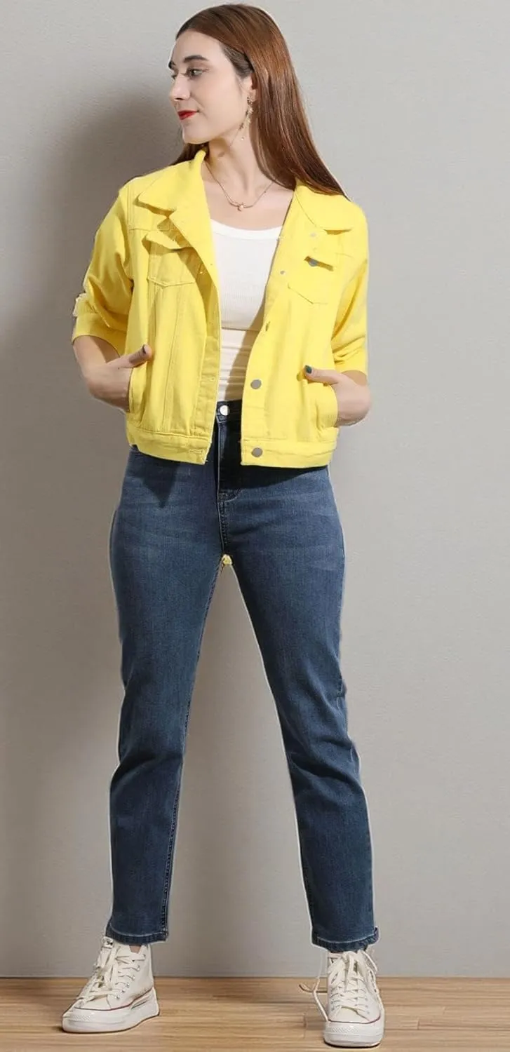 loveimgs Women Casual 3/4 Sleeve Button Down Cropped Denim Jean Jacket Motorcycle Short Jacket