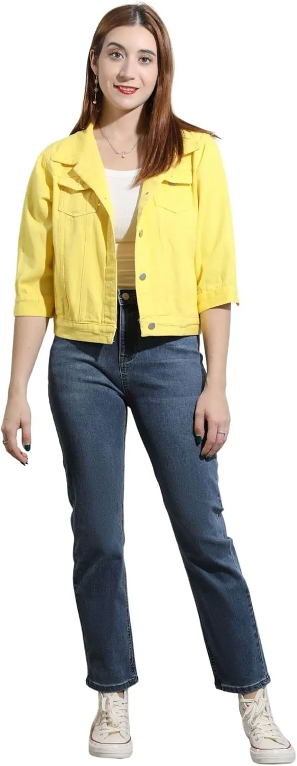 loveimgs Women Casual 3/4 Sleeve Button Down Cropped Denim Jean Jacket Motorcycle Short Jacket