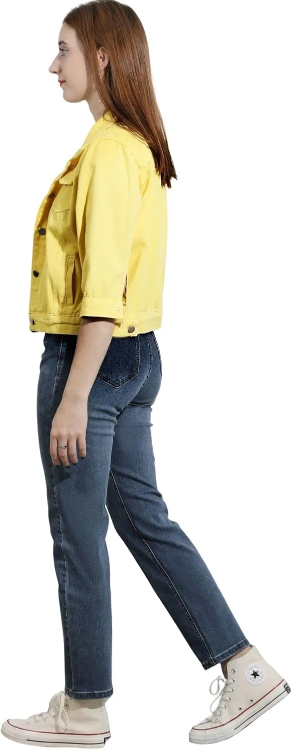loveimgs Women Casual 3/4 Sleeve Button Down Cropped Denim Jean Jacket Motorcycle Short Jacket
