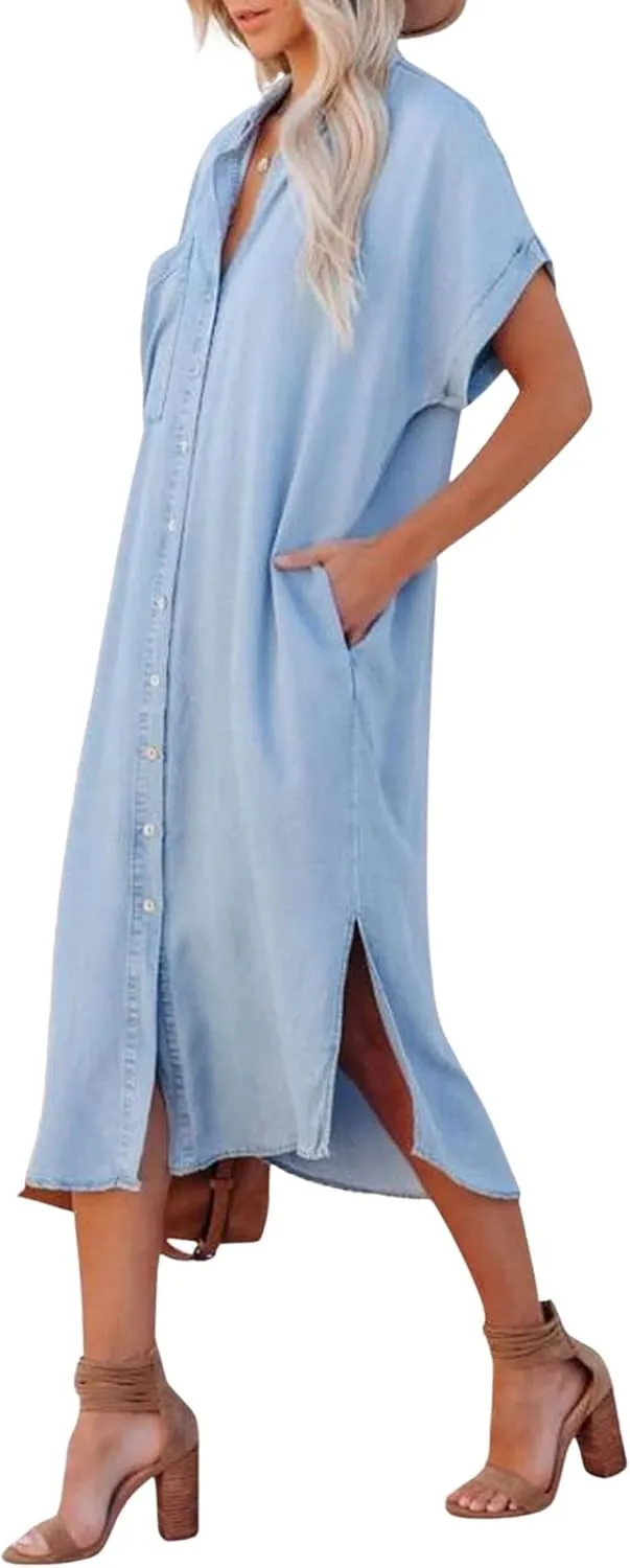 loveimgs Women Casual Button Down Faux Denim Midi Shirt Dress Side Slit Short Sleeve Jean Dress with Pocket