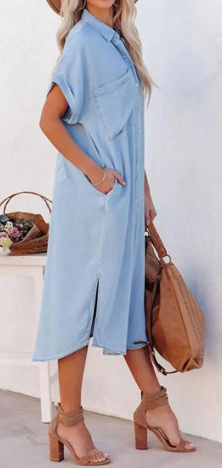 loveimgs Women Casual Button Down Faux Denim Midi Shirt Dress Side Slit Short Sleeve Jean Dress with Pocket