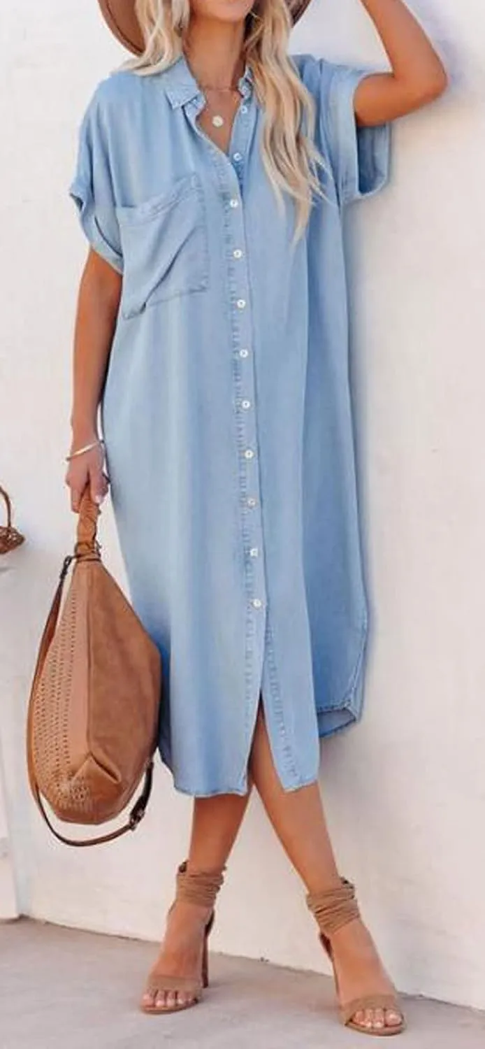 loveimgs Women Casual Button Down Faux Denim Midi Shirt Dress Side Slit Short Sleeve Jean Dress with Pocket