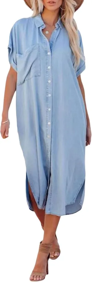 loveimgs Women Casual Button Down Faux Denim Midi Shirt Dress Side Slit Short Sleeve Jean Dress with Pocket