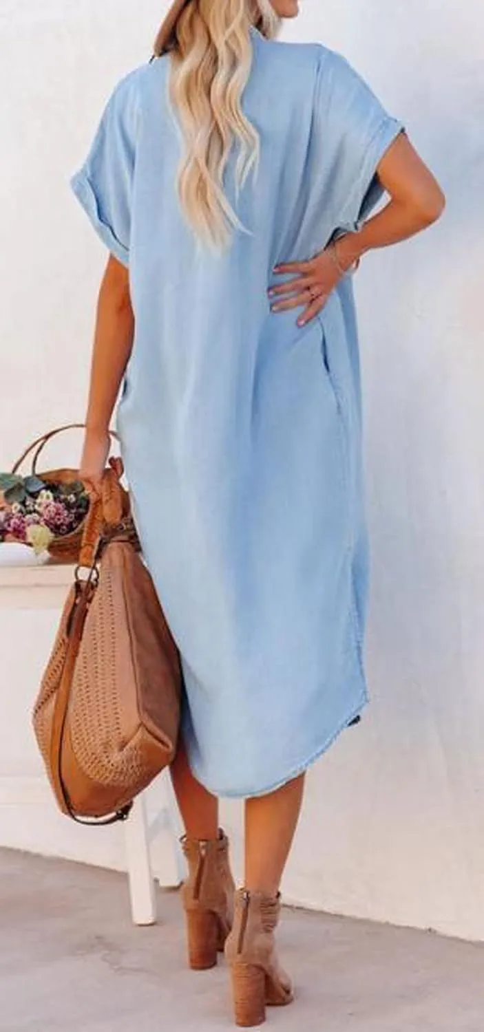 loveimgs Women Casual Button Down Faux Denim Midi Shirt Dress Side Slit Short Sleeve Jean Dress with Pocket