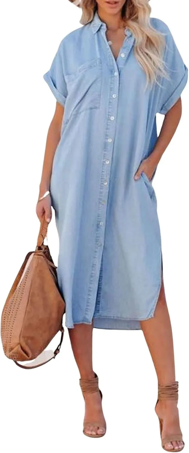 loveimgs Women Casual Button Down Faux Denim Midi Shirt Dress Side Slit Short Sleeve Jean Dress with Pocket