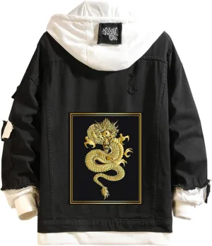 Lpstop Chinese Dragon Denim Jacket Dragon Hand Drawn Style Hoodie Animal Print Lightweight Jacket Coat for Teens