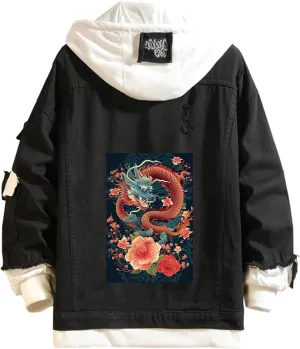 Lpstop Chinese Dragon Denim Jacket Dragon Hand Drawn Style Hoodie Animal Print Lightweight Jacket Coat for Teens