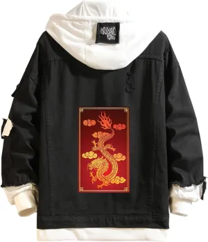 Lpstop Chinese Dragon Denim Jacket Dragon Hand Drawn Style Hoodie Animal Print Lightweight Jacket Coat for Teens