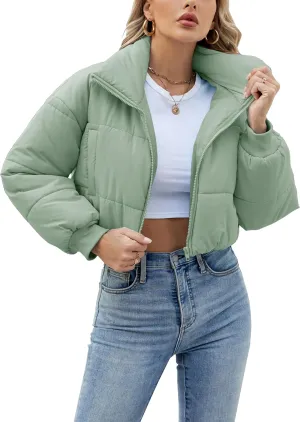 Lumister Womens Lightweight Quilted Jacket Long Sleeve Stand Collar Zipper Cropped Puffer Jacket Coat
