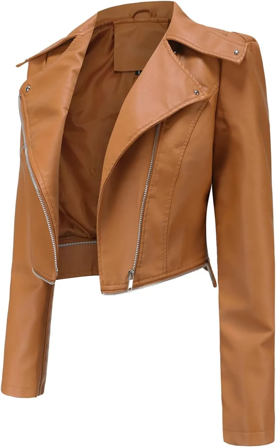 Lu's Chic Women's Moto Jacket Faux Leather Turn Down Collared Crop Blazer Lightweight Biker Coat Short Motorcycle Jacket
