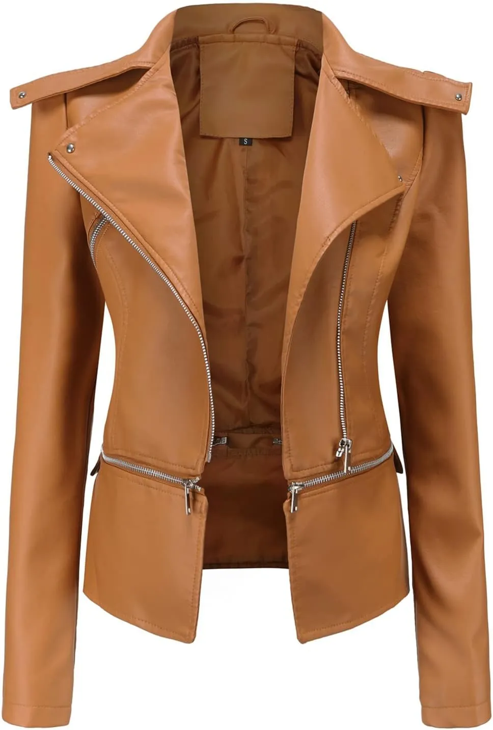 Lu's Chic Women's Moto Jacket Faux Leather Turn Down Collared Crop Blazer Lightweight Biker Coat Short Motorcycle Jacket