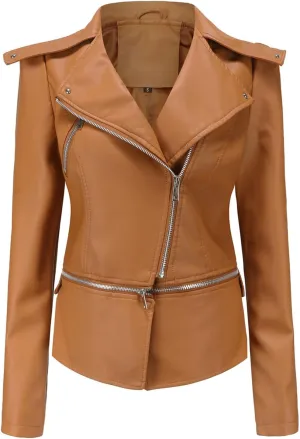 Lu's Chic Women's Moto Jacket Faux Leather Turn Down Collared Crop Blazer Lightweight Biker Coat Short Motorcycle Jacket