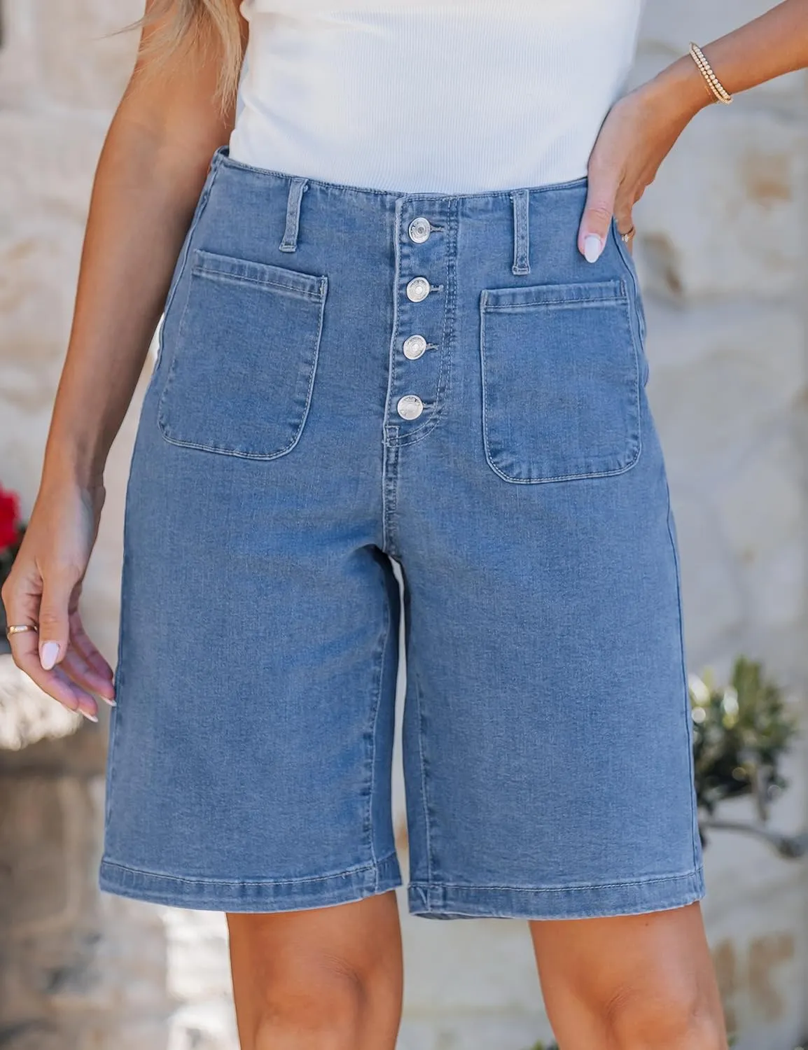 luvamia Bermuda Shorts for Women Jean High Waisted Trendy Patch Pockets Casual Summer Button Fly Stretchy Denim Shorts