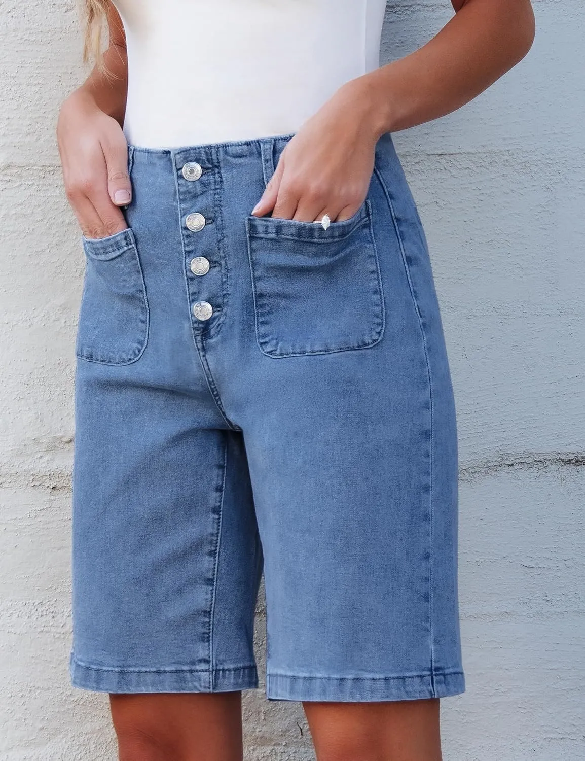 luvamia Bermuda Shorts for Women Jean High Waisted Trendy Patch Pockets Casual Summer Button Fly Stretchy Denim Shorts