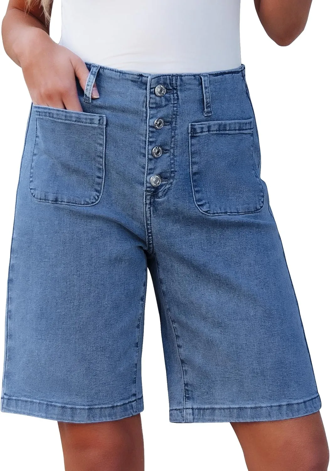 luvamia Bermuda Shorts for Women Jean High Waisted Trendy Patch Pockets Casual Summer Button Fly Stretchy Denim Shorts