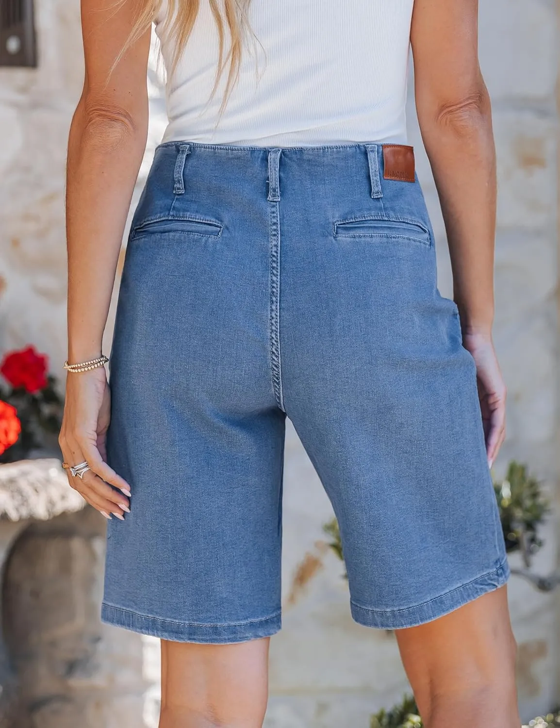 luvamia Bermuda Shorts for Women Jean High Waisted Trendy Patch Pockets Casual Summer Button Fly Stretchy Denim Shorts