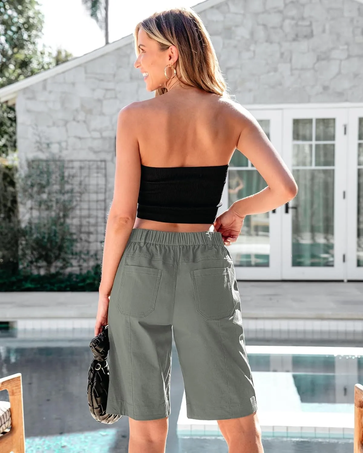 luvamia Bermuda Shorts for Women Knee Length High Waisted Cotton Elastic Wasit Summer Dressy Casual Long Chino Shorts