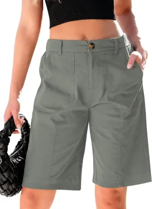 luvamia Bermuda Shorts for Women Knee Length High Waisted Cotton Elastic Wasit Summer Dressy Casual Long Chino Shorts