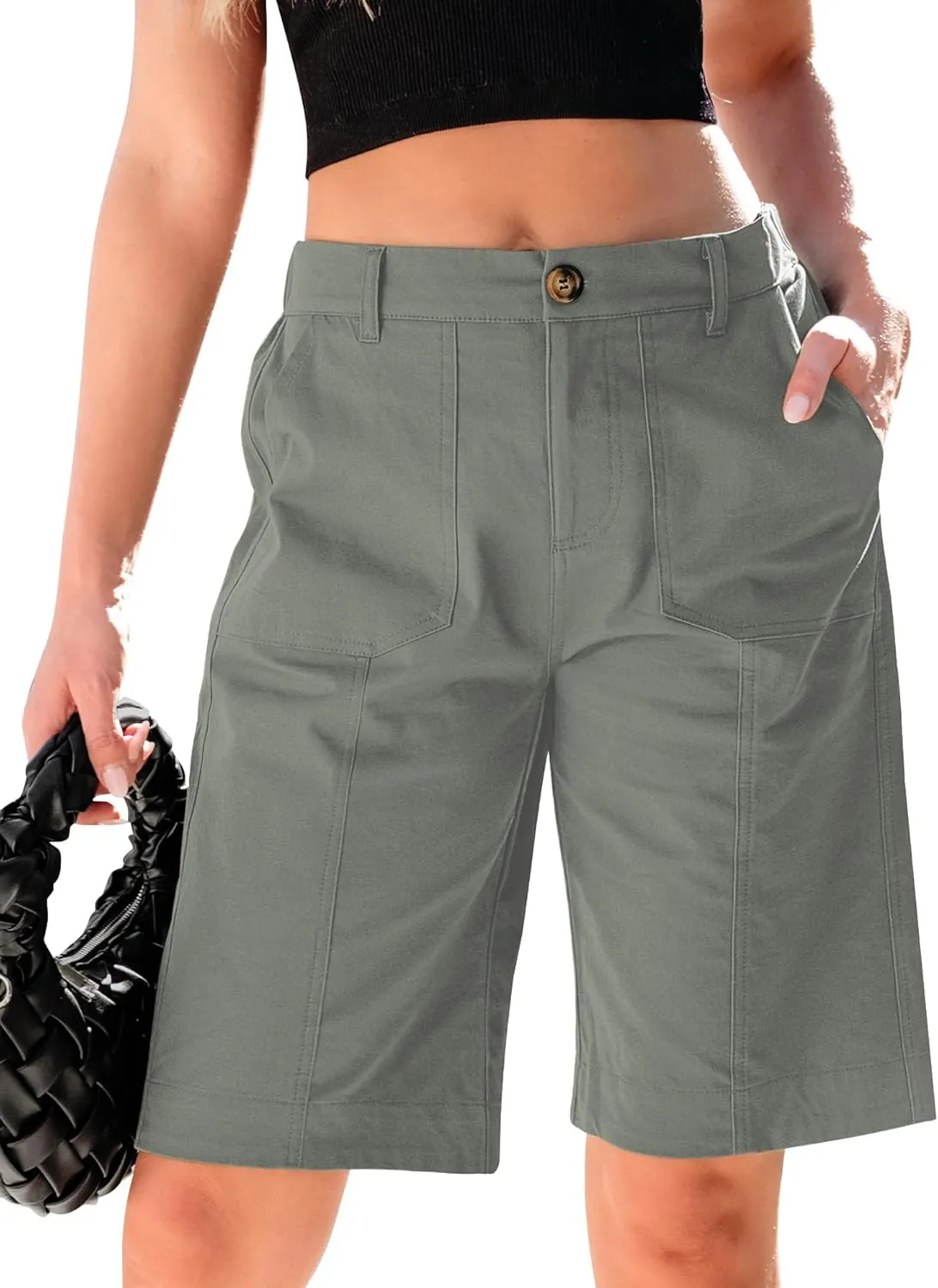luvamia Bermuda Shorts for Women Knee Length High Waisted Cotton Elastic Wasit Summer Dressy Casual Long Chino Shorts
