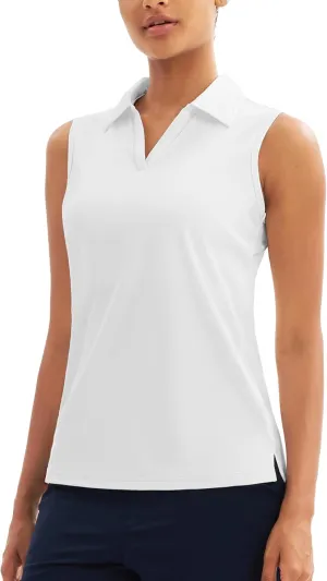 MAGCOMSEN Women's Sleeveless Golf Polo Shirts UPF 50  Tank Tops V-Neck Quick Dry Workout Athletic Tops