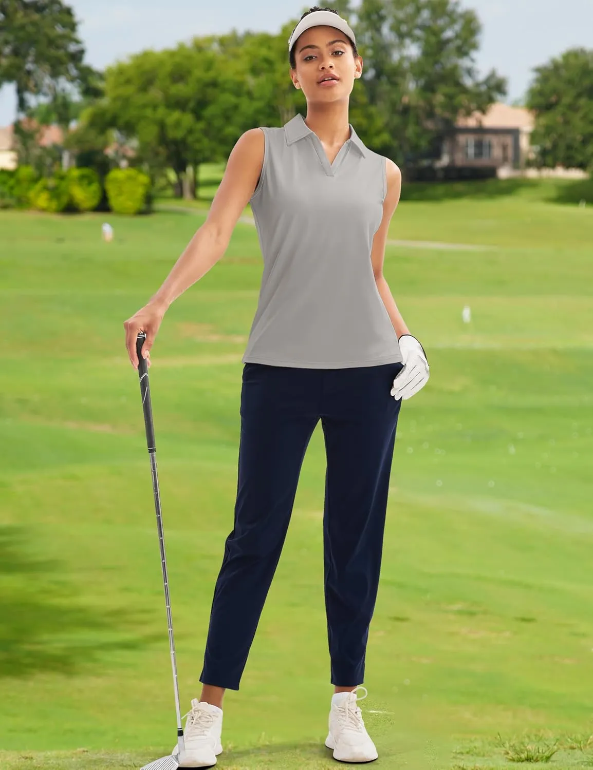MAGCOMSEN Women's Sleeveless Golf Polo Shirts UPF 50  Tank Tops V-Neck Quick Dry Workout Athletic Tops