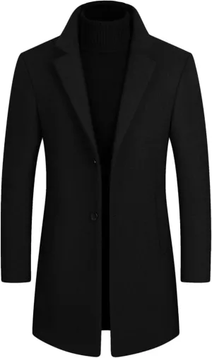 Maiyifu-GJ Men's Mid-Length Trench Coat Notch Lapel 2 Buttons Business Overcoat Single Breasted Wool Blend Top Pea Coats
