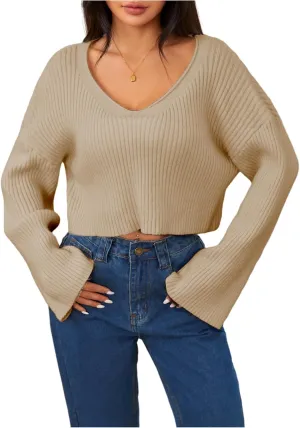 MakeMeChic Women's Cream Cropped Sweater Knit Crop Top Sweater V Neck Drop Shoulder Long Sleeve Pullover