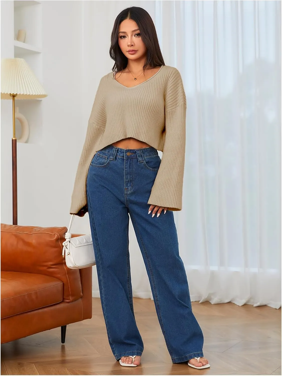 MakeMeChic Women's Cream Cropped Sweater Knit Crop Top Sweater V Neck Drop Shoulder Long Sleeve Pullover