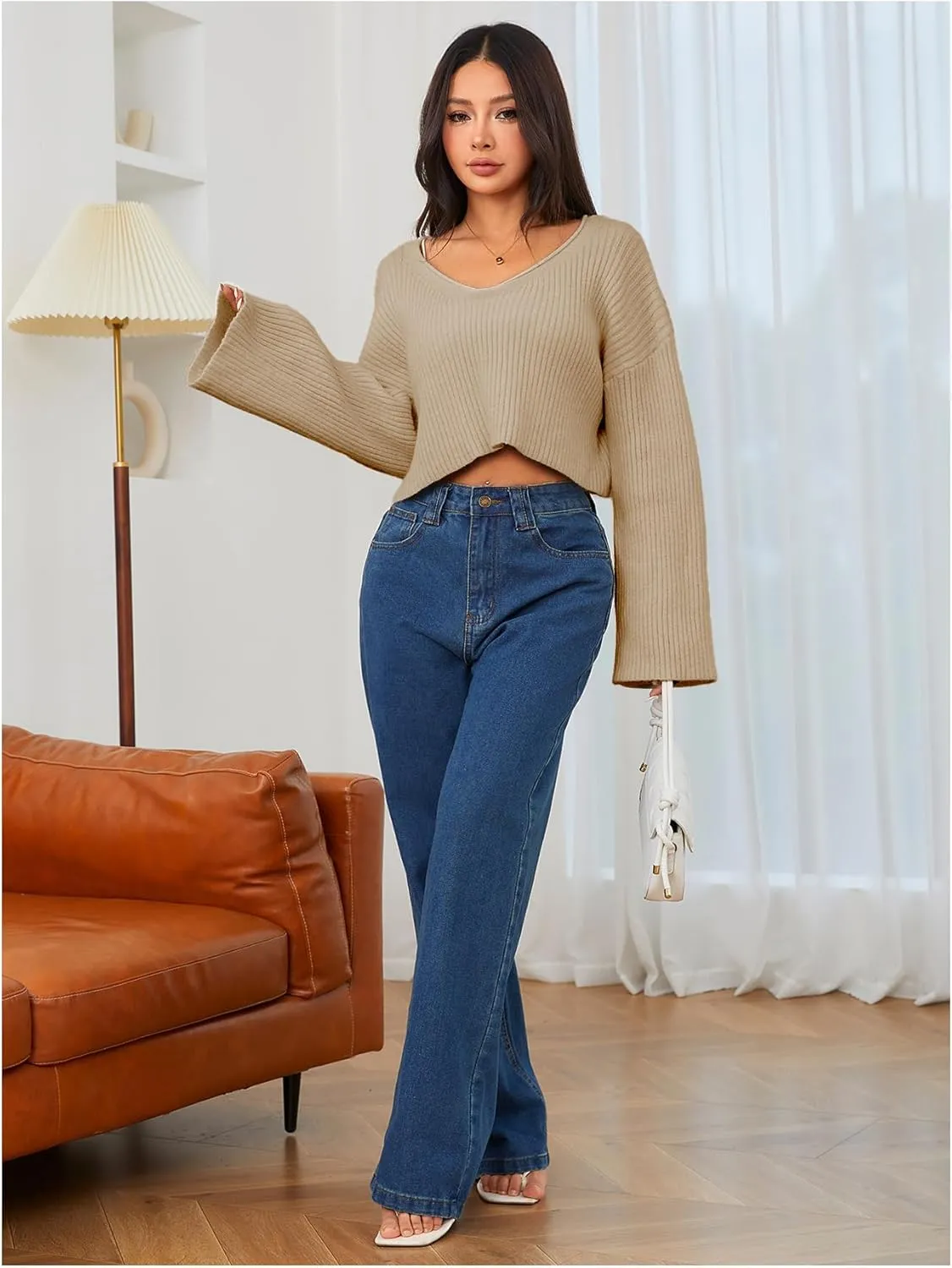 MakeMeChic Women's Cream Cropped Sweater Knit Crop Top Sweater V Neck Drop Shoulder Long Sleeve Pullover